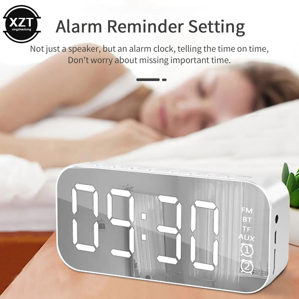 Mirror Wireless Bluetooth Speaker with FM Radio Mini Portable Card Mirror Sound Box with Alarm Clock for Mobile Phone Computer