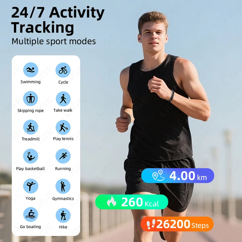 LIGE Call Reminder Smart Bracelet Fitness Sleep Tracker Heart Rate Stress HRV Health Monitor Step Counting Sport Smartwatch Band