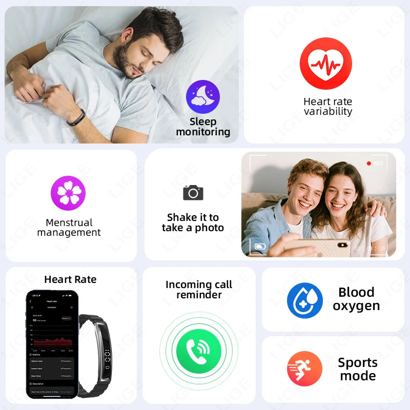 LIGE Call Reminder Smart Bracelet Fitness Sleep Tracker Heart Rate Stress HRV Health Monitor Step Counting Sport Smartwatch Band