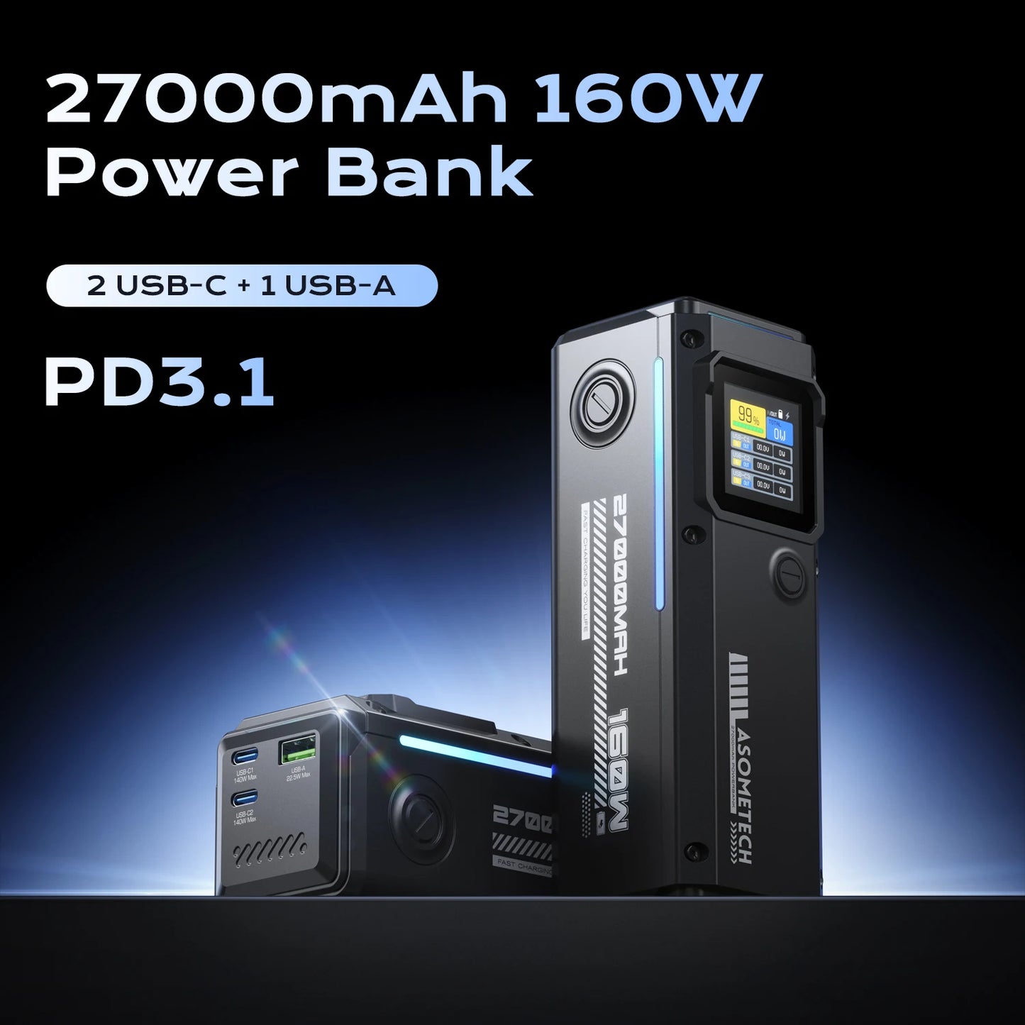 160W Power Bank 27000mAh 140W PD for long vacation &big electronics