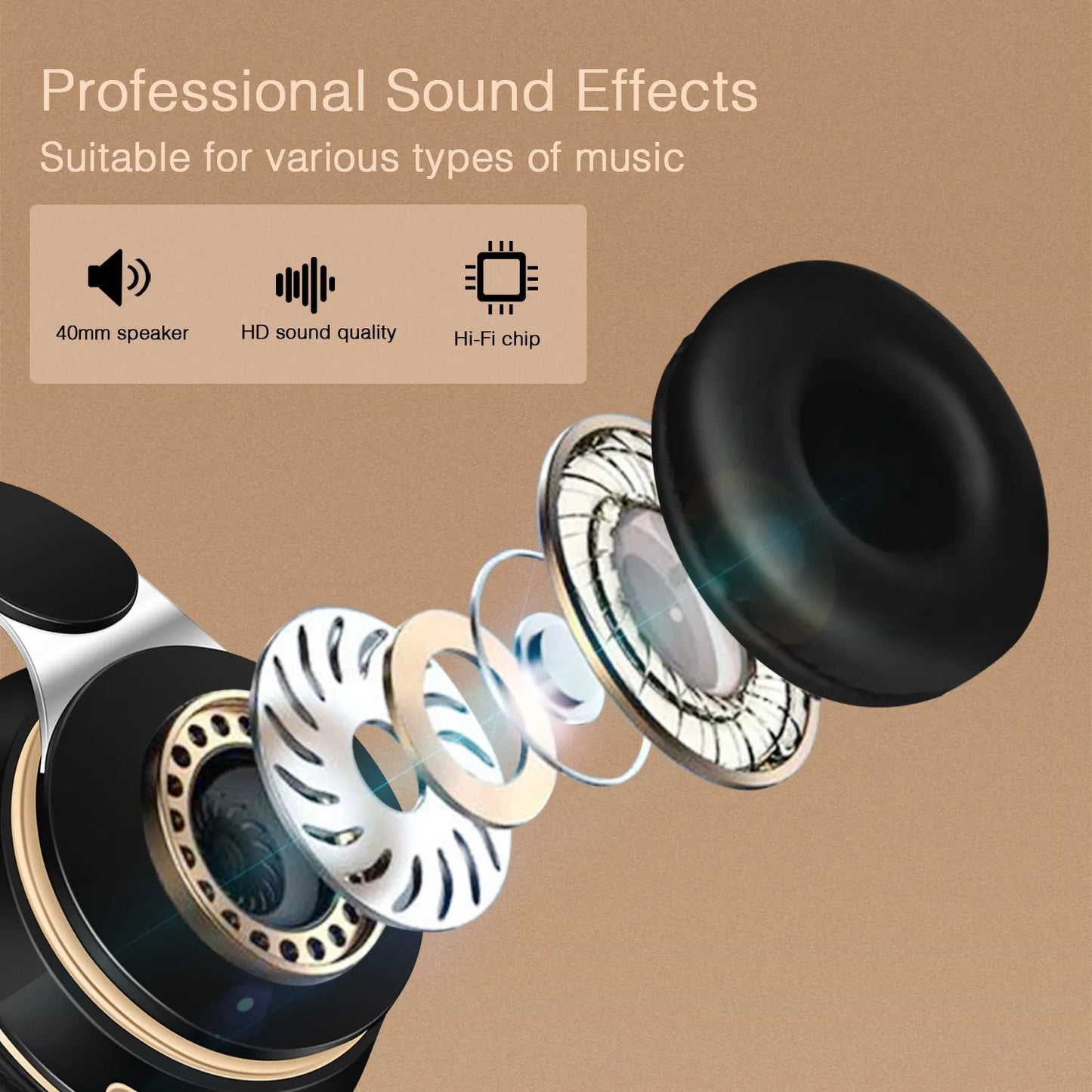 2026 Wireless Bluetooth Headphones Stereo Headband Headset with SD Card Support And Mic for iPhone Samsung Tablet